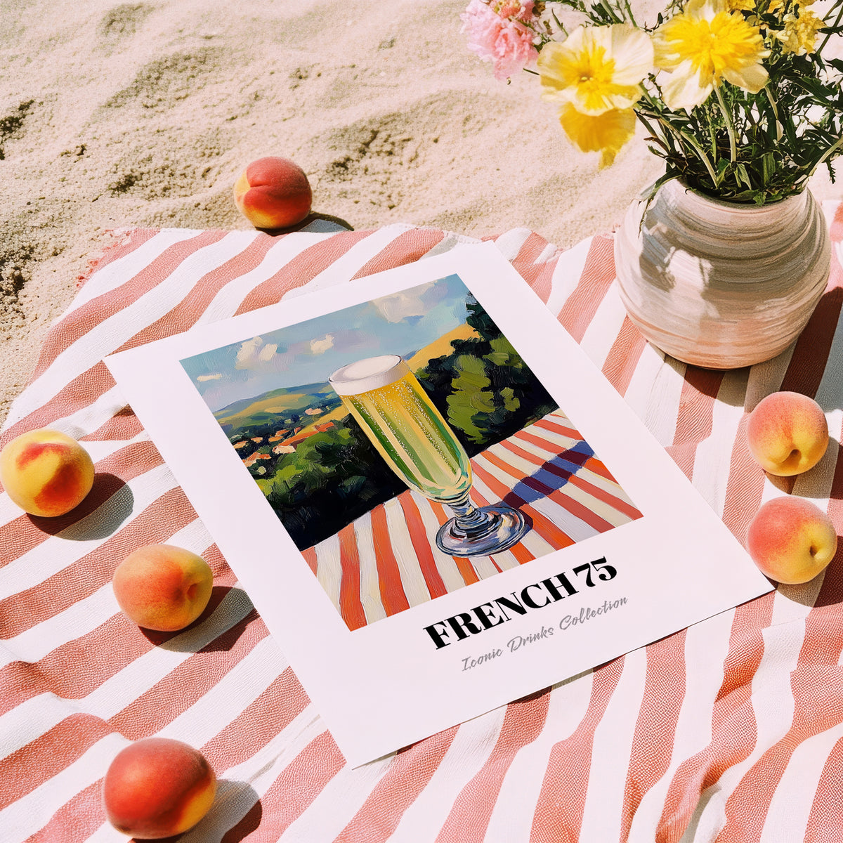 French 75 – French Hilltop Table Scene, French Cocktail Wall Decor, unframed on coastal sand