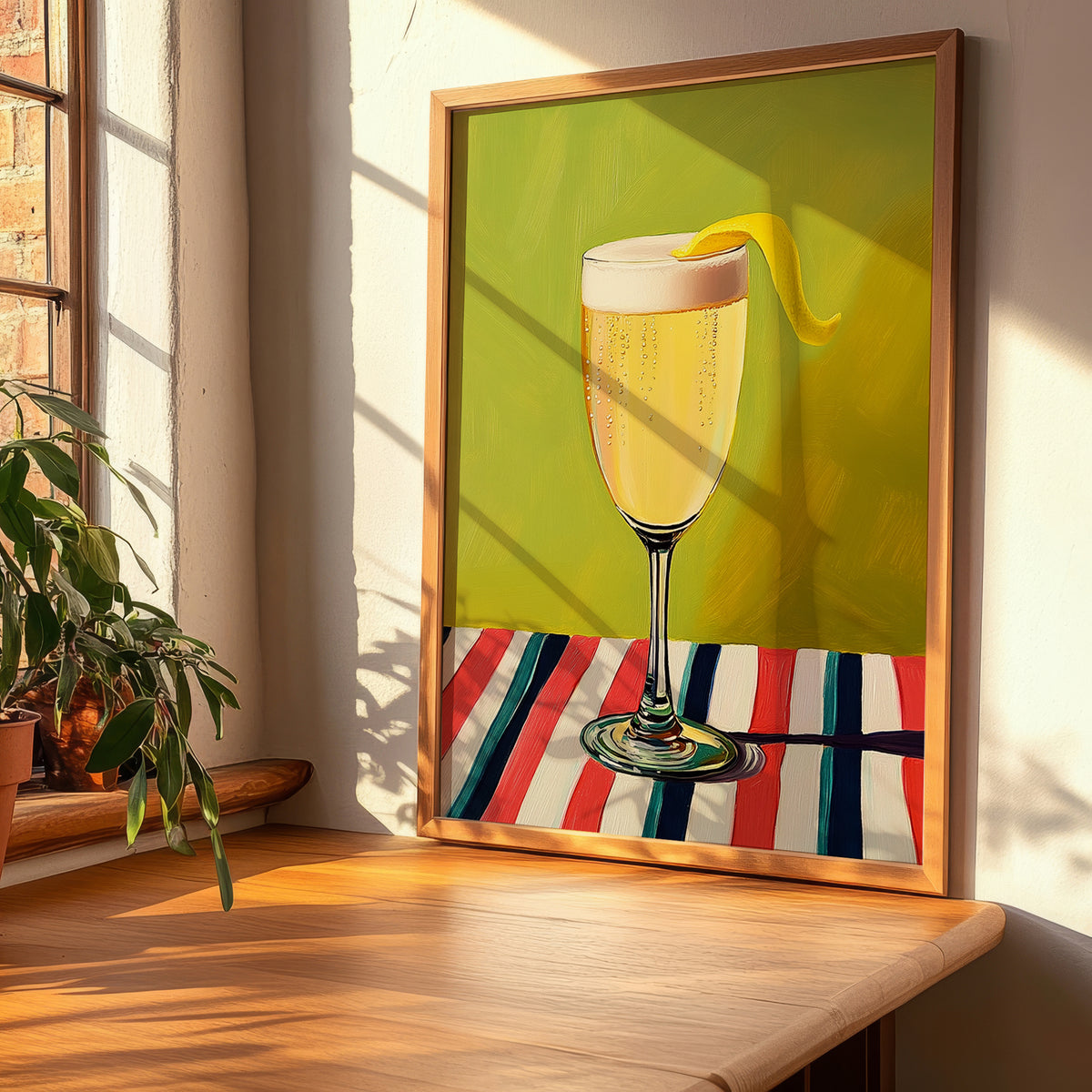 French 75 – on Striped Tablecloth, French Cocktail Still Life, clean layout with no caption
