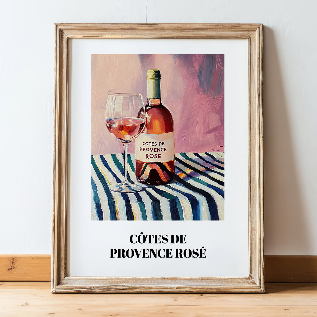 Côtes De Provence Rosé – on Striped Tablecloth, French Wine Still Life, in wooden frame leaning on the floor