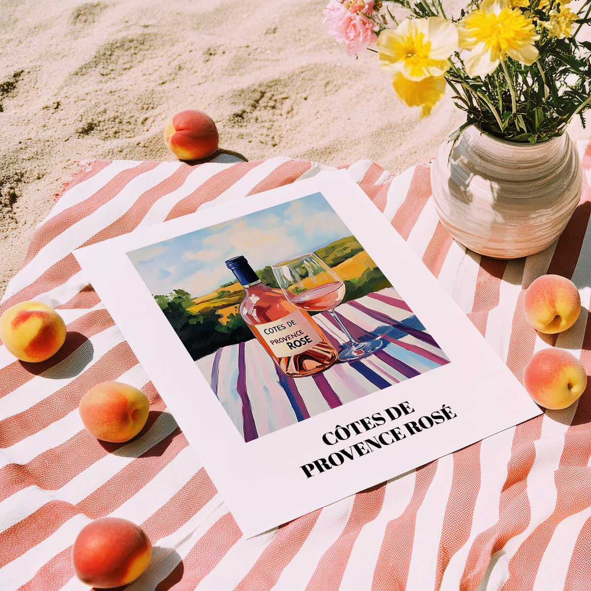 Côtes De Provence Rosé – French Hilltop Café Scene, French Wine Print, unframed on coastal sand