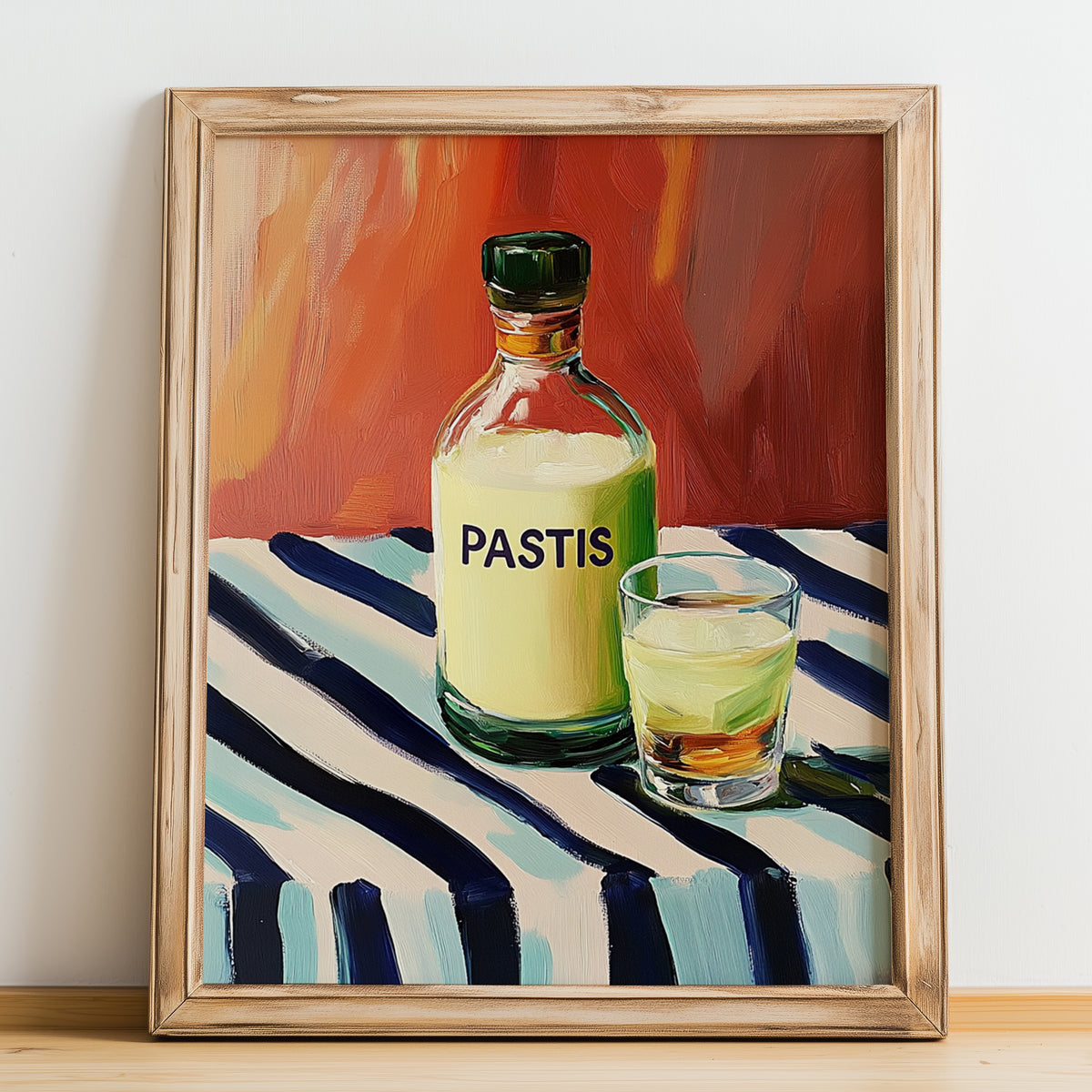 Pastis – on Striped Tablecloth, French Spirit Illustration, no-text version framed in wood