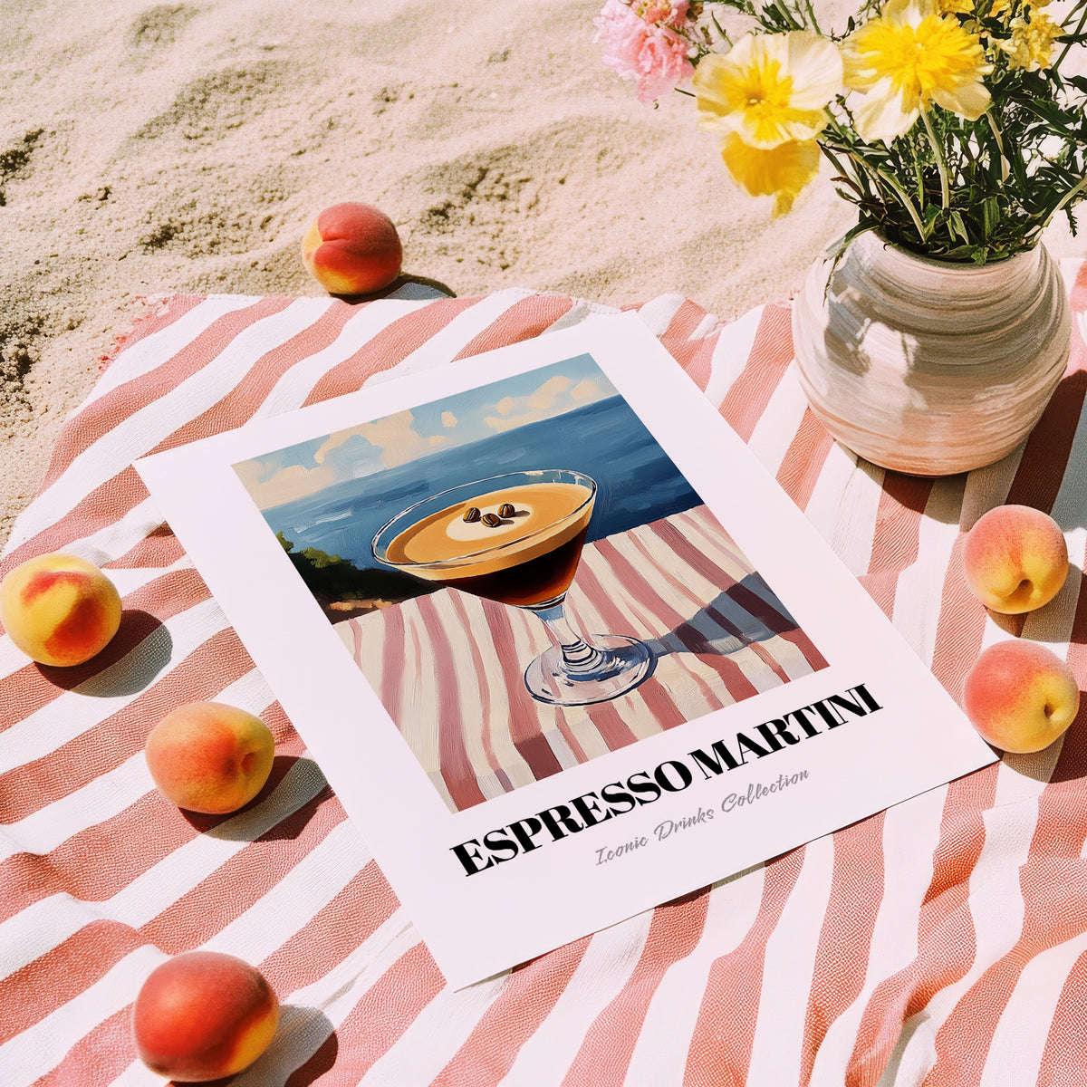 Espresso Martini – French Coastal Table, French Cocktail Painting, unframed on coastal sand