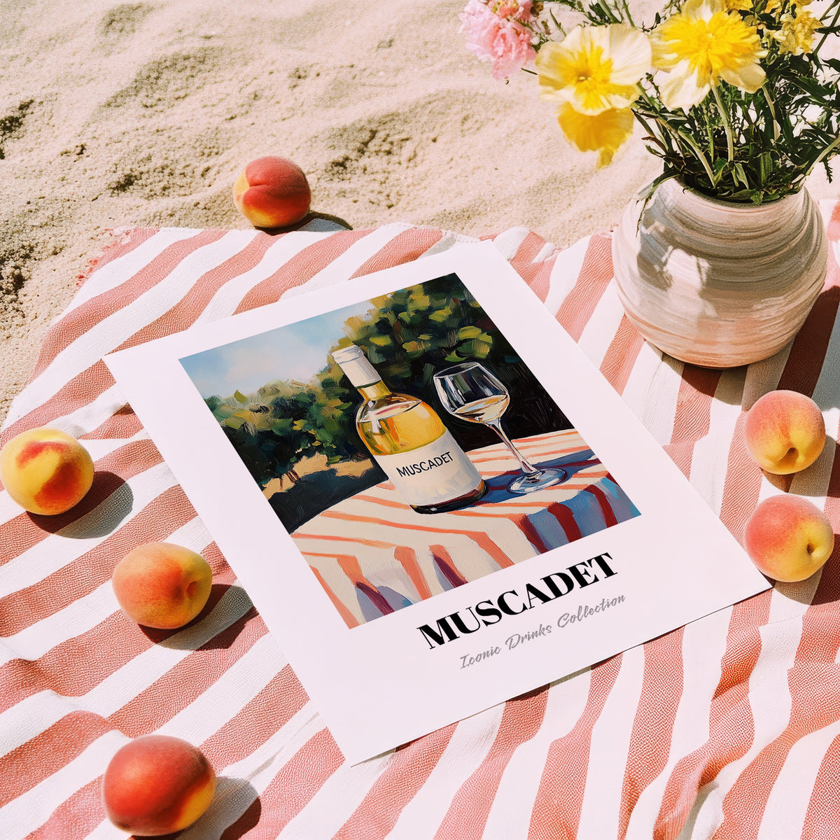 Muscadet – French Hilltop Table Scene, French Wine Print, unframed on coastal sand
