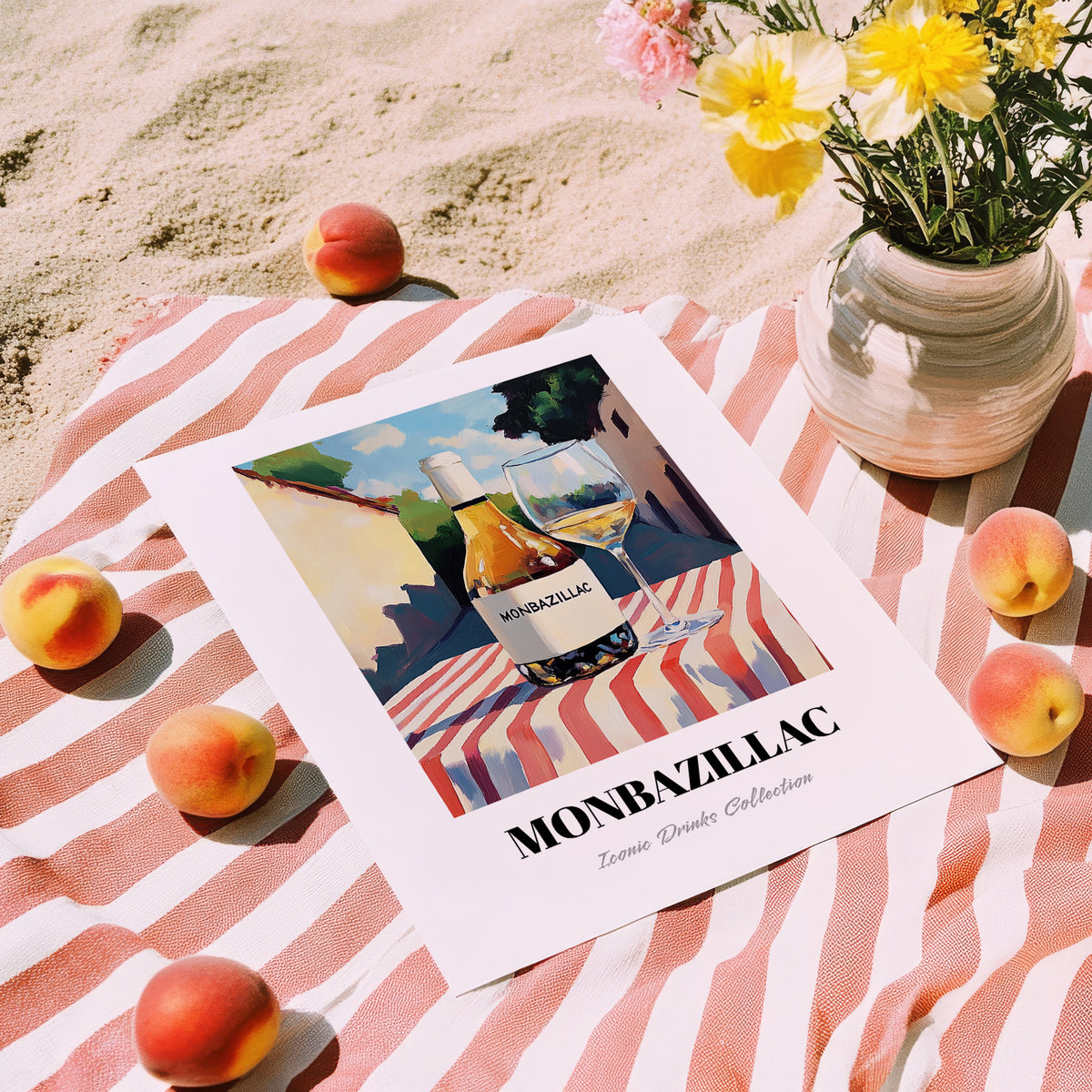 Monbazillac – French Urban Café Scene, French Wine Wall Art, unframed on coastal sand