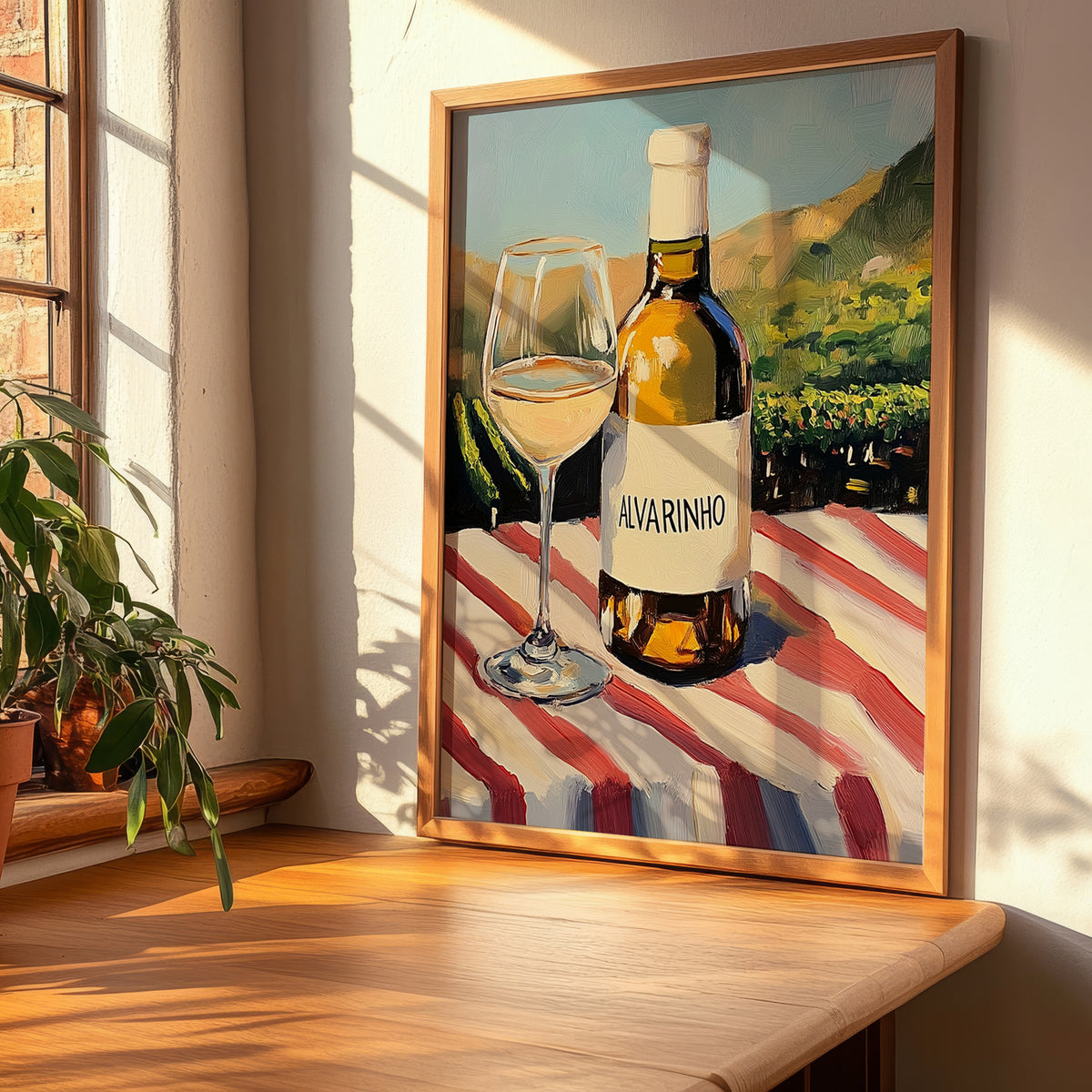 Alvarinho – Portuguese Hillside Café View, Portuguese Wine Wall Illustration, clean layout with no caption