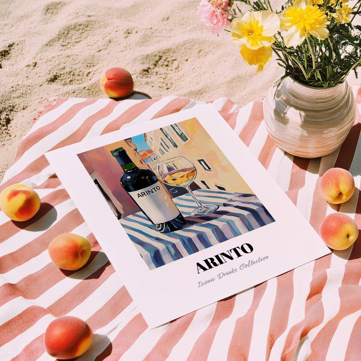 Arinto – Portuguese Outdoor Café Scene, Portuguese Wine Still Life, unframed on coastal sand