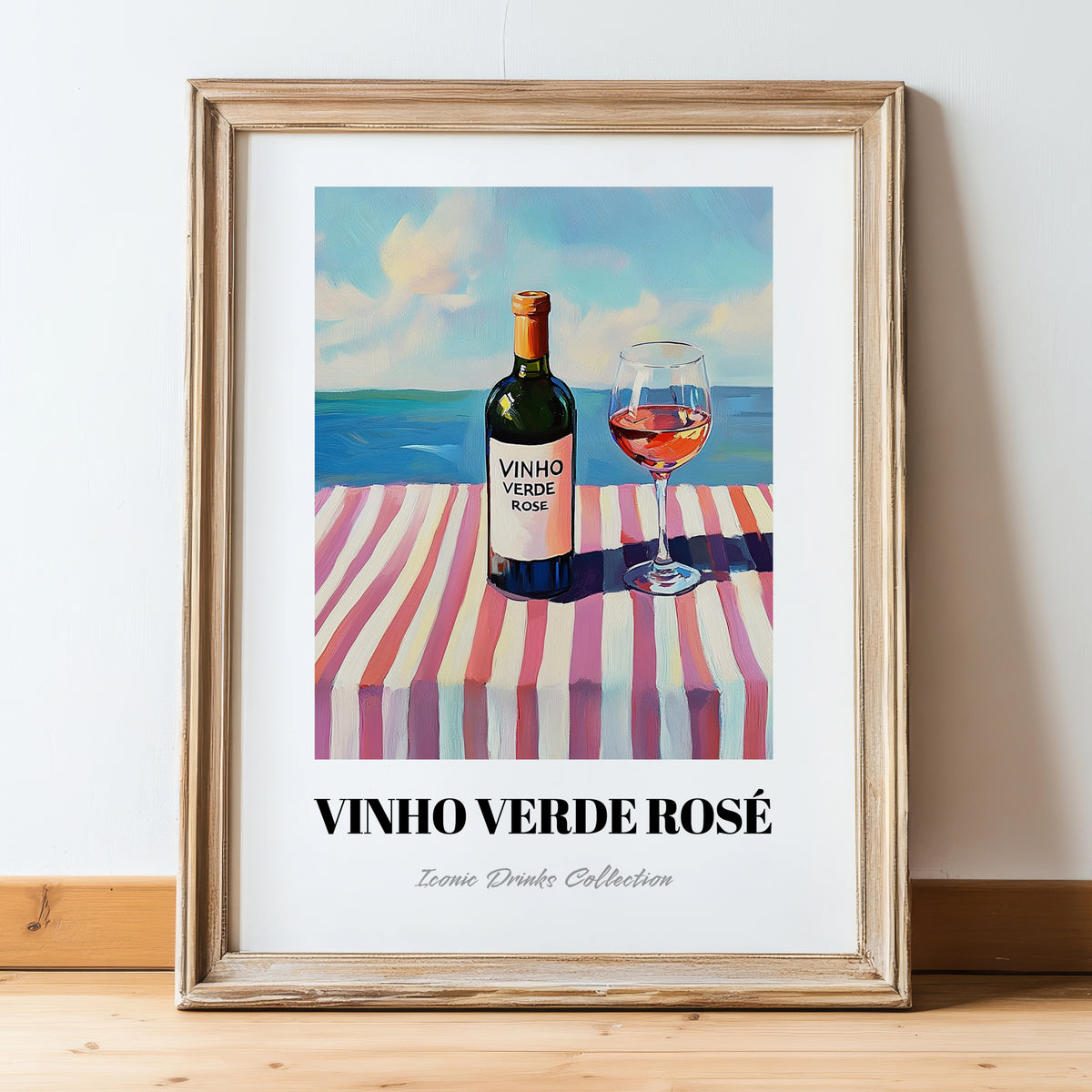 Vinho Verde Rosé – Portuguese Coastal Café Moment, Portuguese Wine Illustration, in wooden frame leaning on the floor