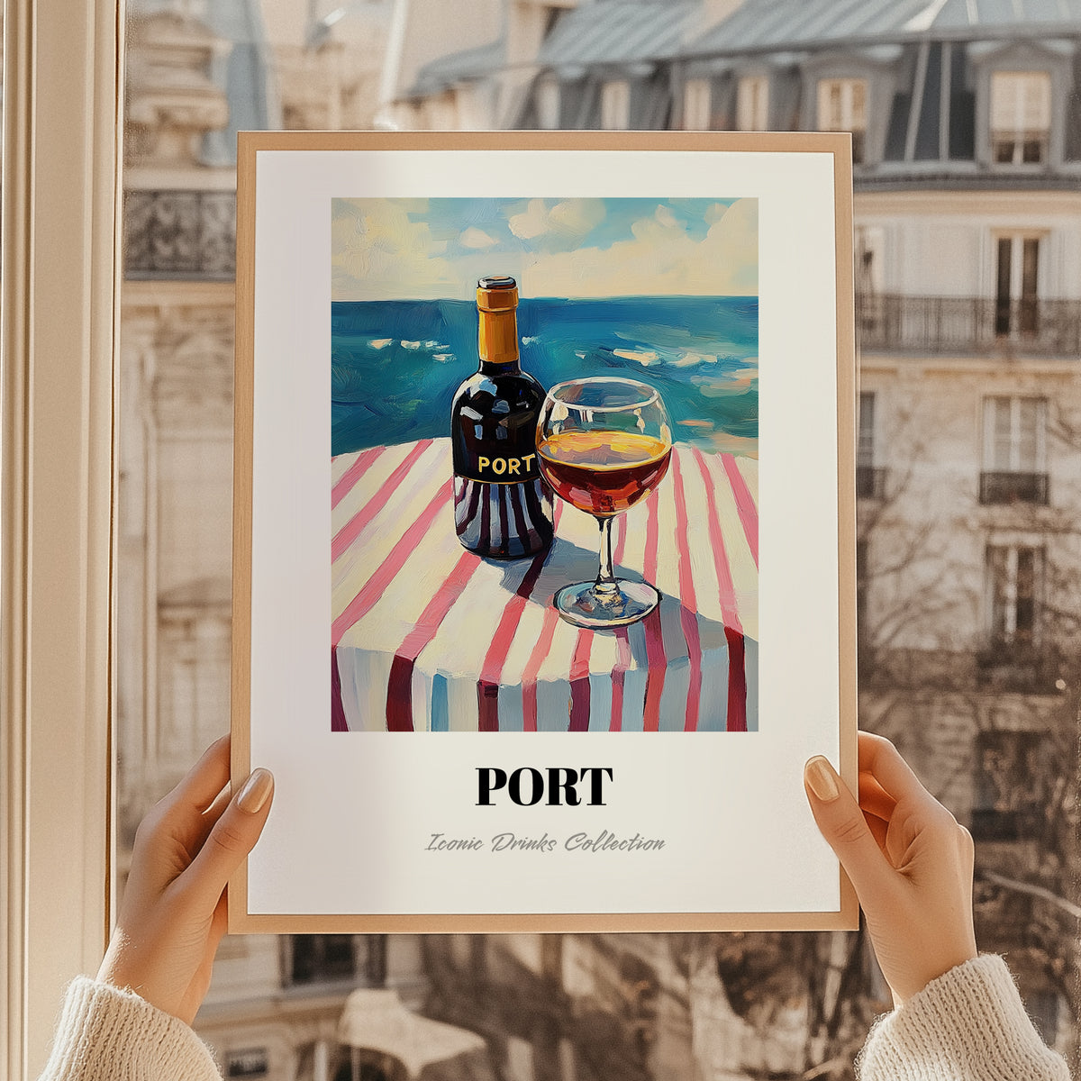 Port – Portuguese Seaside Café Scene, Portuguese Dessert Wine Illustration, styled in a charming Paris street view