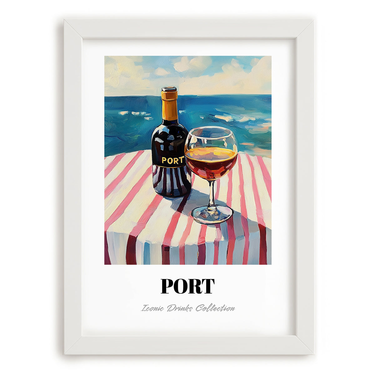 Port – Portuguese Seaside Café Scene, Portuguese Dessert Wine Illustration, placed in minimal white frame