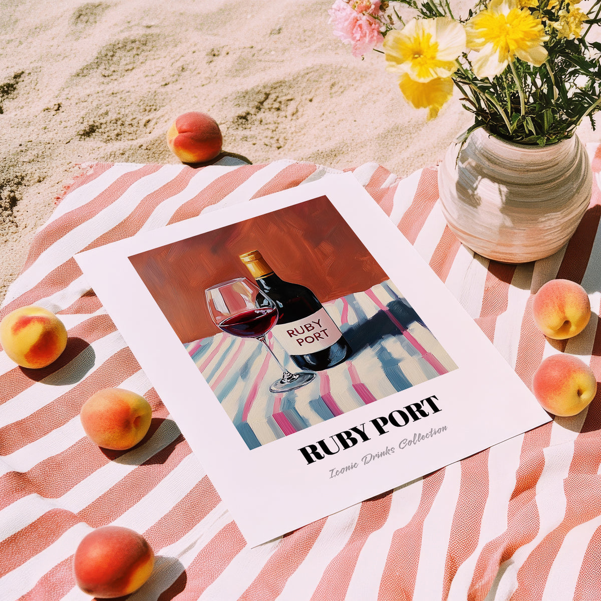Ruby Port – on Striped Tablecloth, Portuguese Dessert Wine Wall Art, unframed on coastal sand