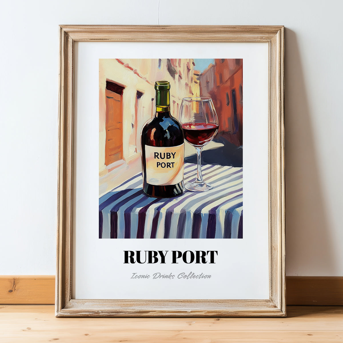 Ruby Port – Portuguese Street Café Scene, Portuguese Dessert Wine Print, in wooden frame leaning on the floor