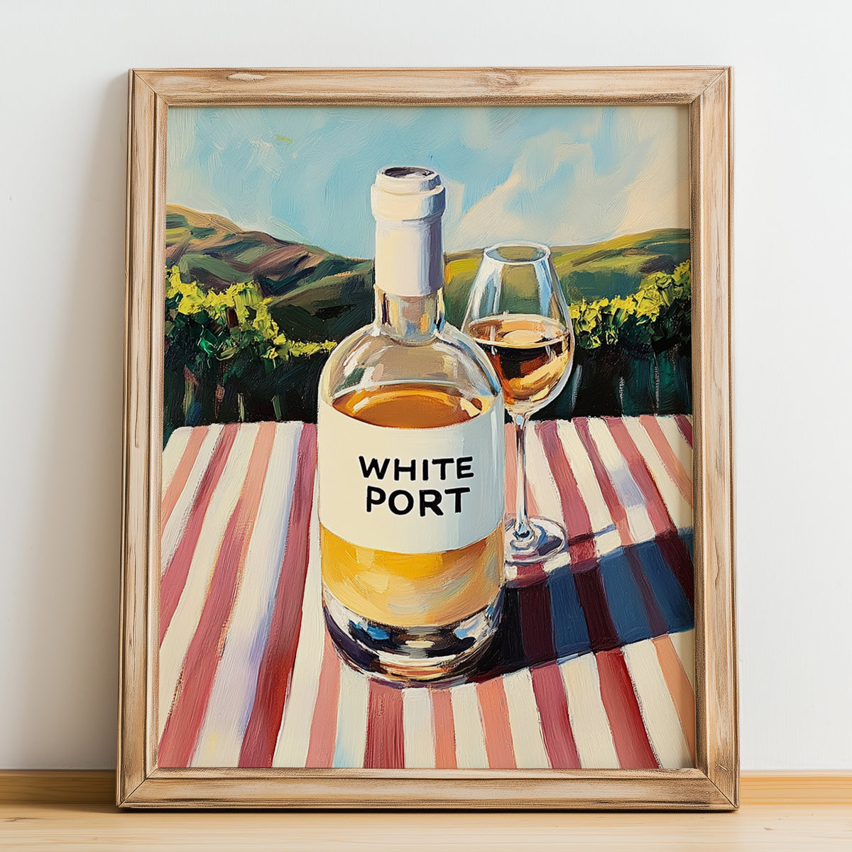 White Port – Portuguese Hilltop Café Scene, Portuguese Dessert Wine Illustration, no-text version framed in wood