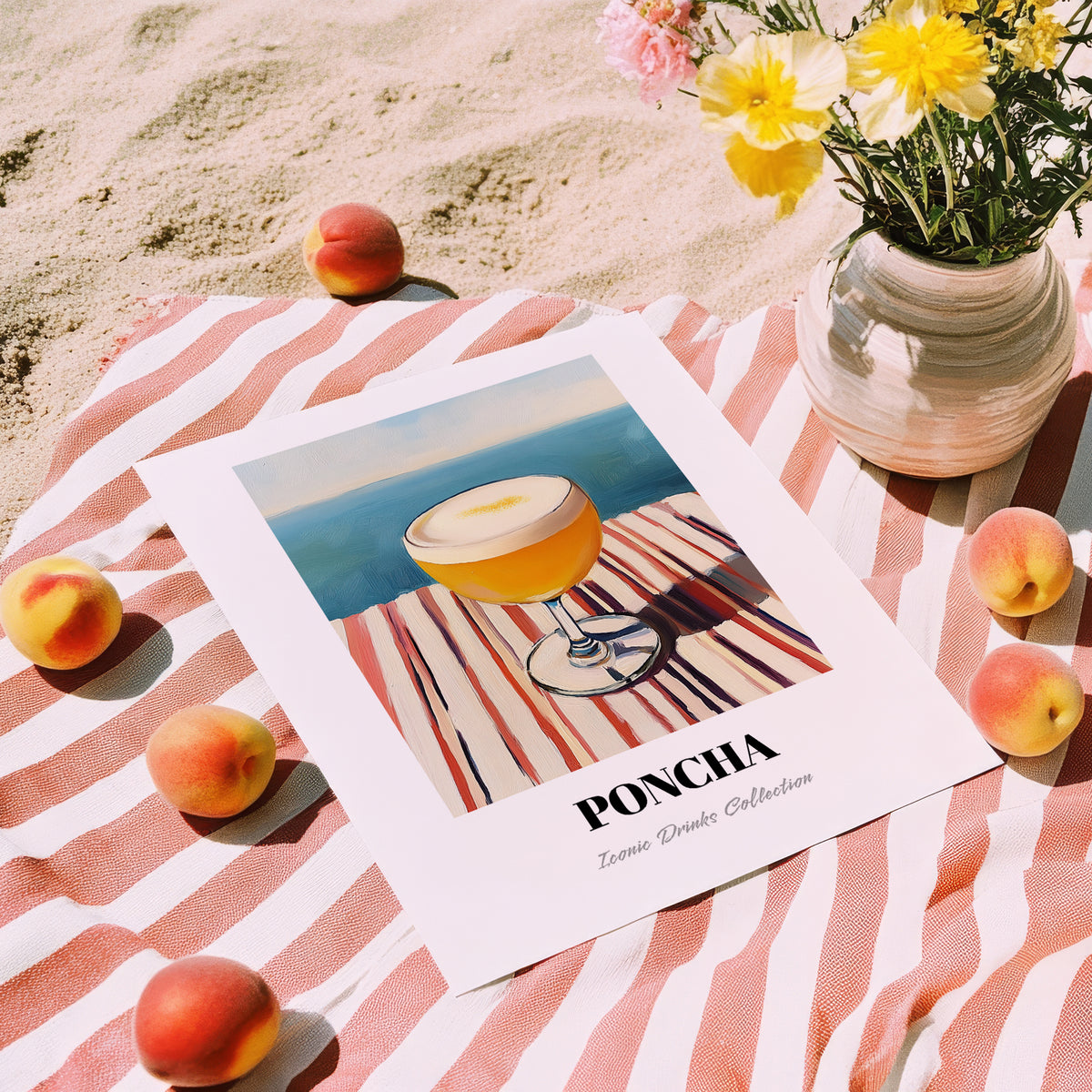 Poncha – Portuguese Coastal Café Moment, Portuguese Cocktail Illustration, unframed on coastal sand