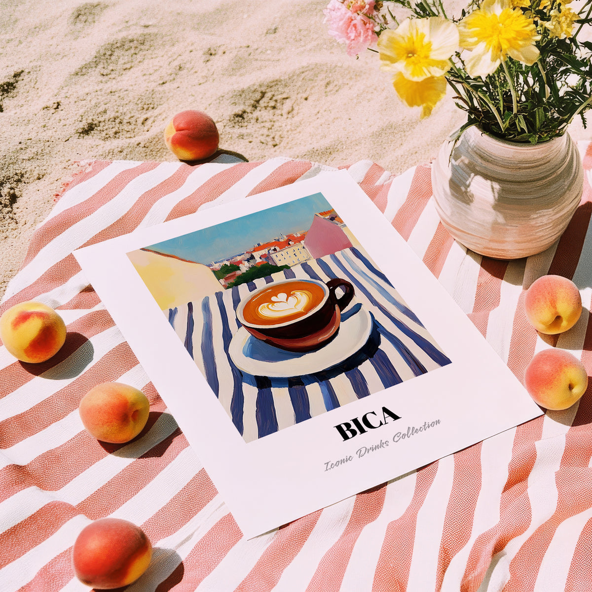 Bica – Portuguese Urban Café Scene, Portuguese Coffee Poster, unframed on coastal sand