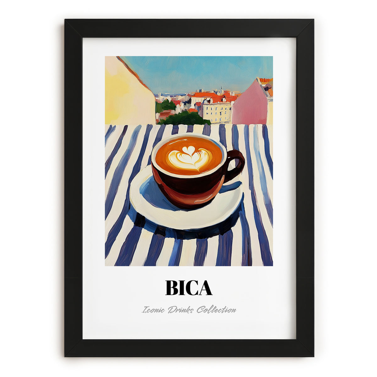 Bica – Portuguese Urban Café Scene, Portuguese Coffee Poster, in sleek black frame