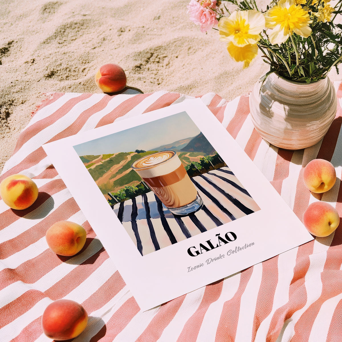 Galão – Portuguese Hillside Café View, Portuguese Coffee Illustration, unframed on coastal sand