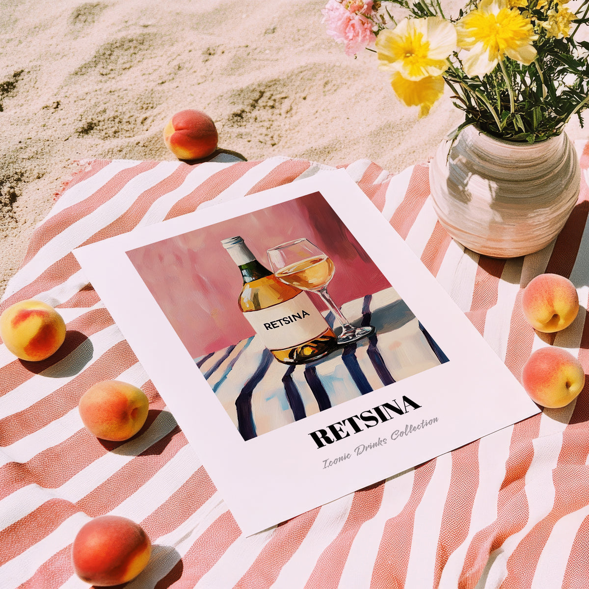Retsina – on Striped Tablecloth, Greek Wine Wall Poster, unframed on coastal sand