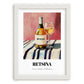 Retsina – on Striped Tablecloth, Greek Wine Wall Poster, placed in minimal white frame