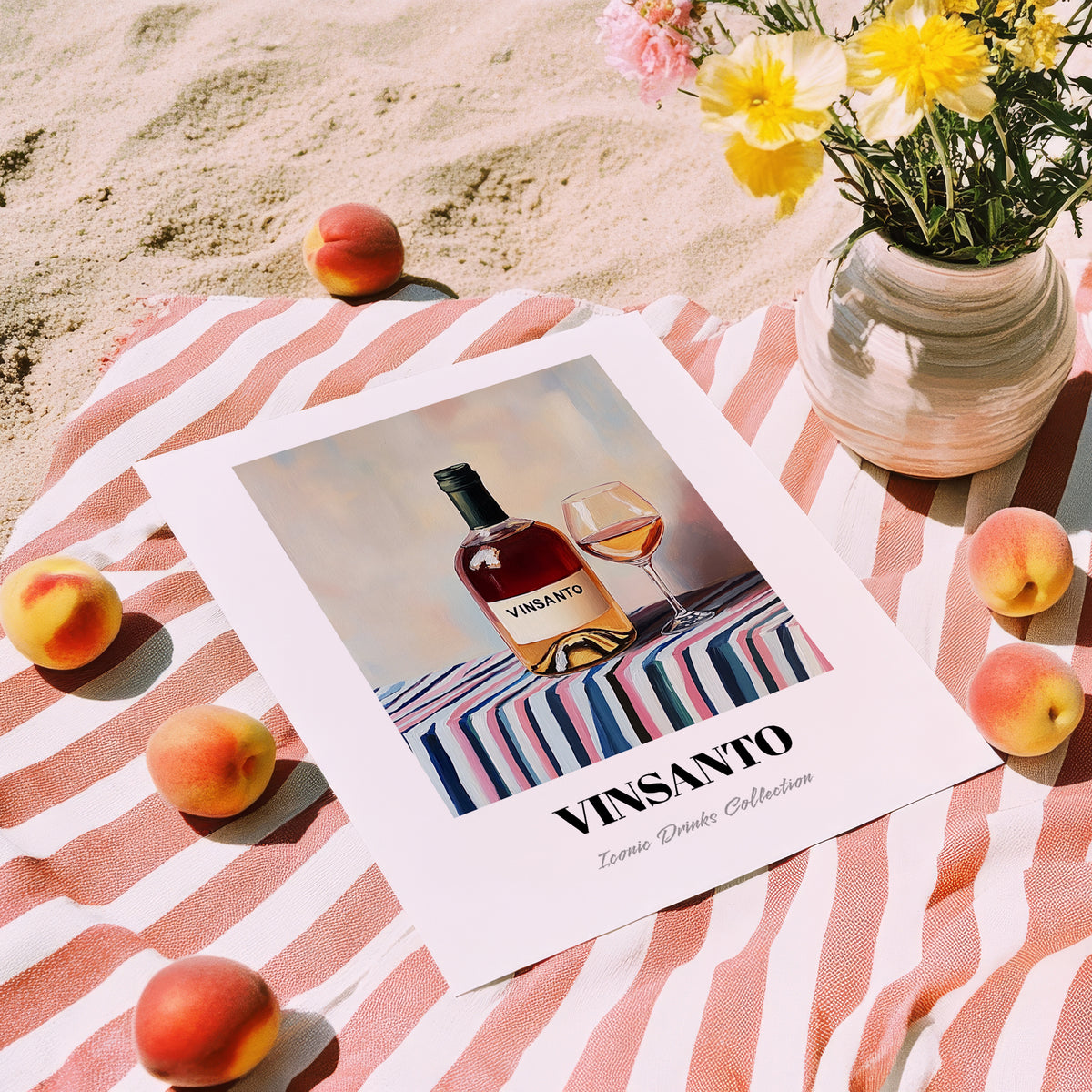 Vinsanto – on Striped Tablecloth, Greek Wine Painting, unframed on coastal sand