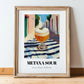 Metaxa Sour – Greek Street Café Scene, Greek Cocktail Art, in wooden frame leaning on the floor
