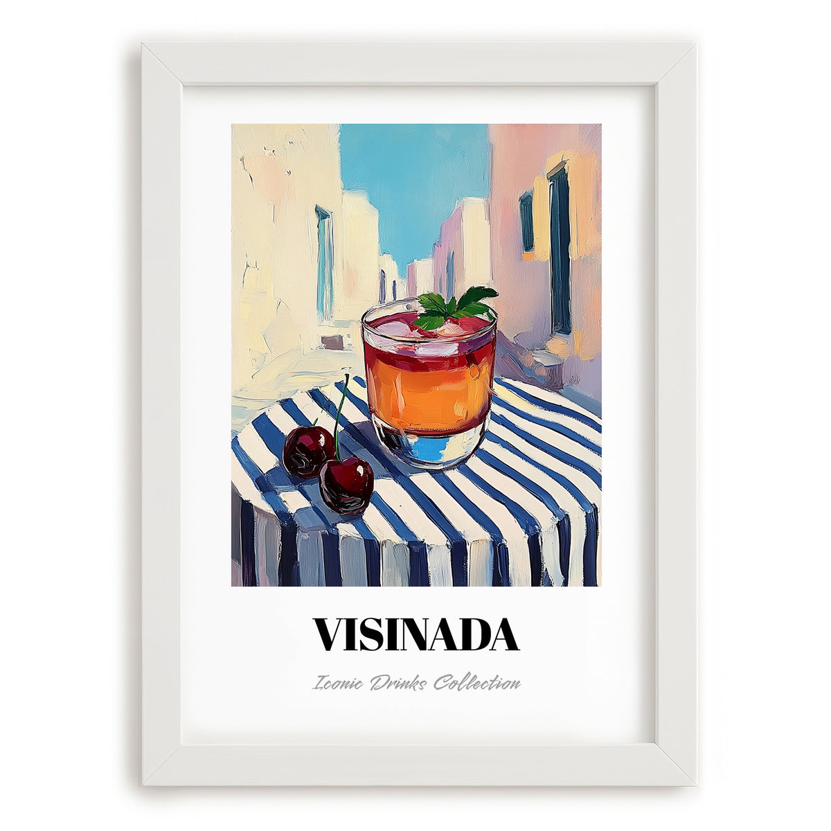 Visinada – Greek Urban Café Scene, Greek Beverage Wall Decor, placed in minimal white frame