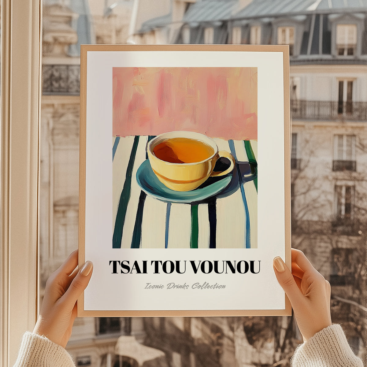 Tsai Tou Vounou Beverage – on Striped Tablecloth, Greek Beverage Still Life, styled in a charming Paris street view