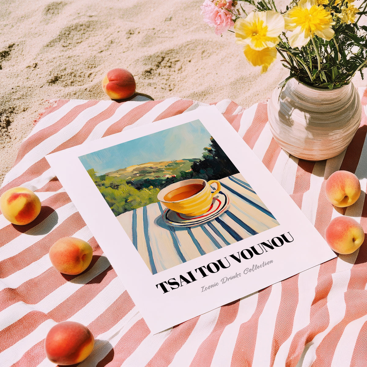 Tsai Tou Vounou Beverage – Greek Hilltop Café Scene, Greek Coffee Poster, unframed on coastal sand