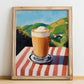 Frappé – Greek Hillside Café View, Greek Coffee Painting, no-text version framed in wood