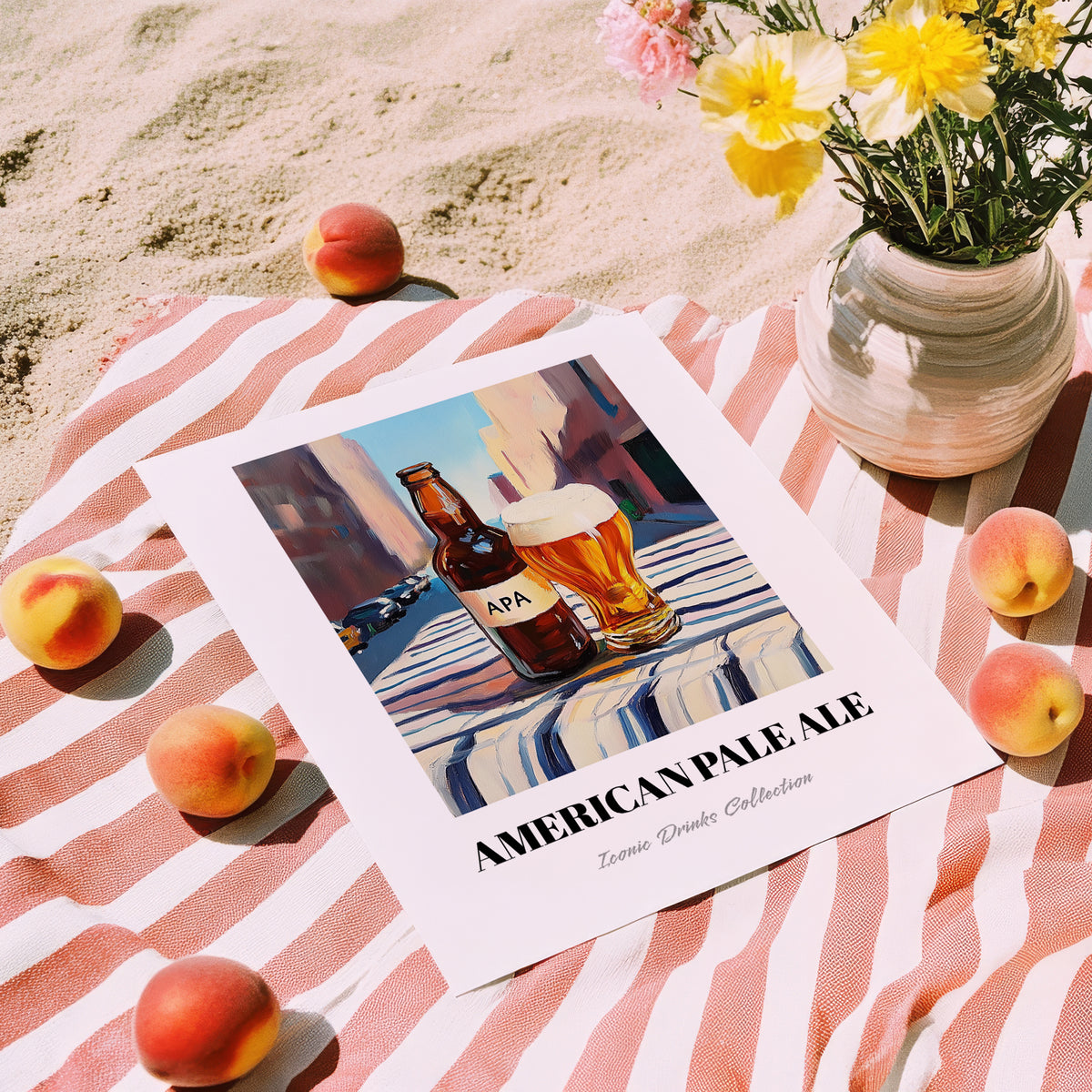 APA (American Pale Ale) – American Urban Café Scene, American Beer Still Life, unframed on coastal sand