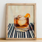 Old Fashioned – on Striped Tablecloth, American Cocktail Wall Art, no-text version framed in wood