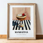 Manhattan – on Striped Tablecloth, American Cocktail Wall Art, in wooden frame leaning on the floor