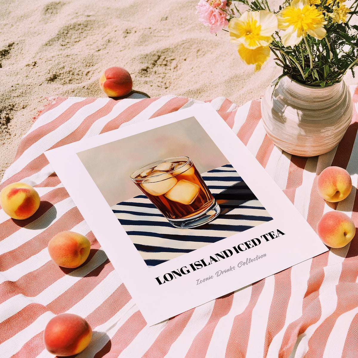 Long Island Iced – on Striped Tablecloth, American Cocktail Print, unframed on coastal sand