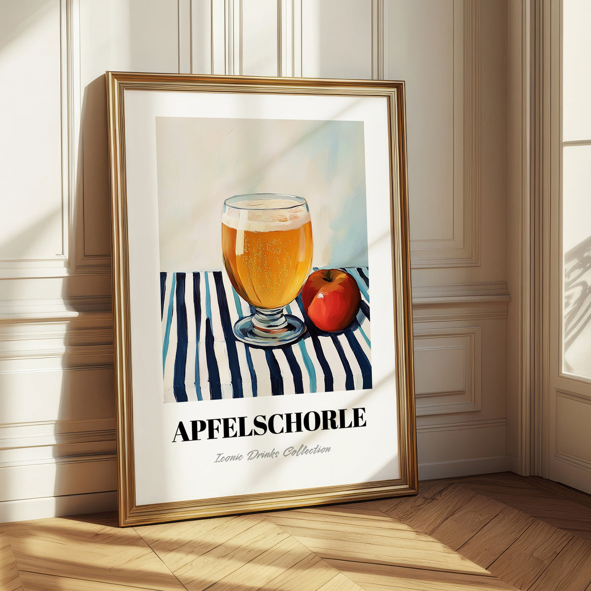 Apfelschorle – on Striped Tablecloth, German Beverage Print