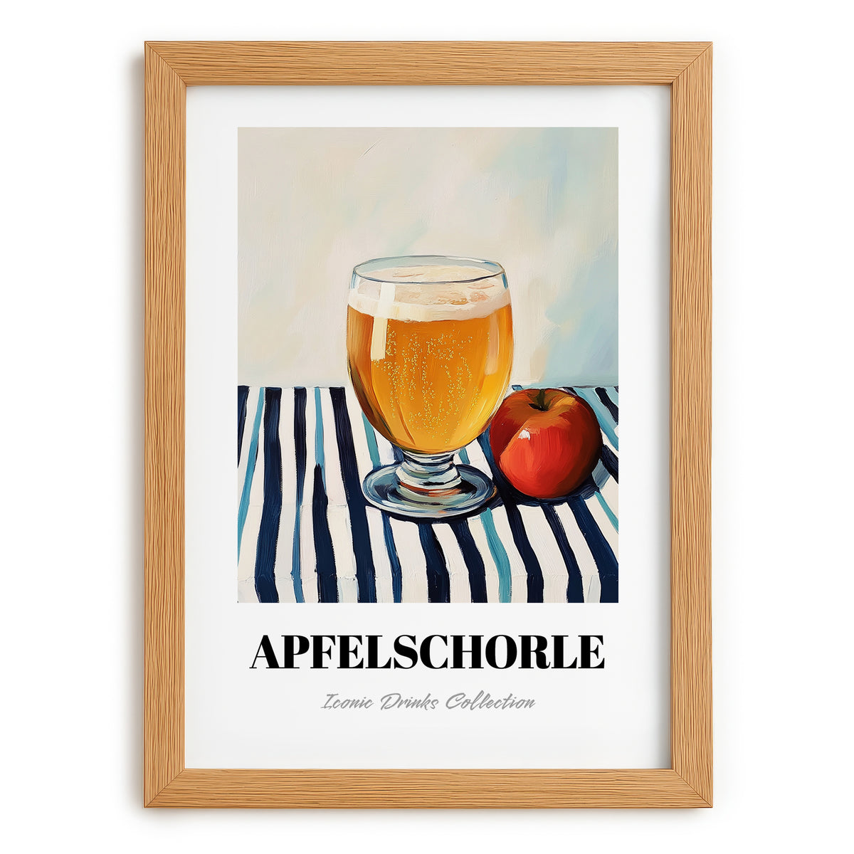 Apfelschorle – on Striped Tablecloth, German Beverage Print, set in oak frame