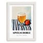 Apfelschorle – on Striped Tablecloth, German Beverage Print, placed in minimal white frame