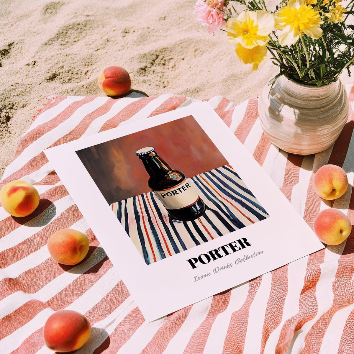 Porter – on Striped Tablecloth, English Beer Wall Decor, unframed on coastal sand