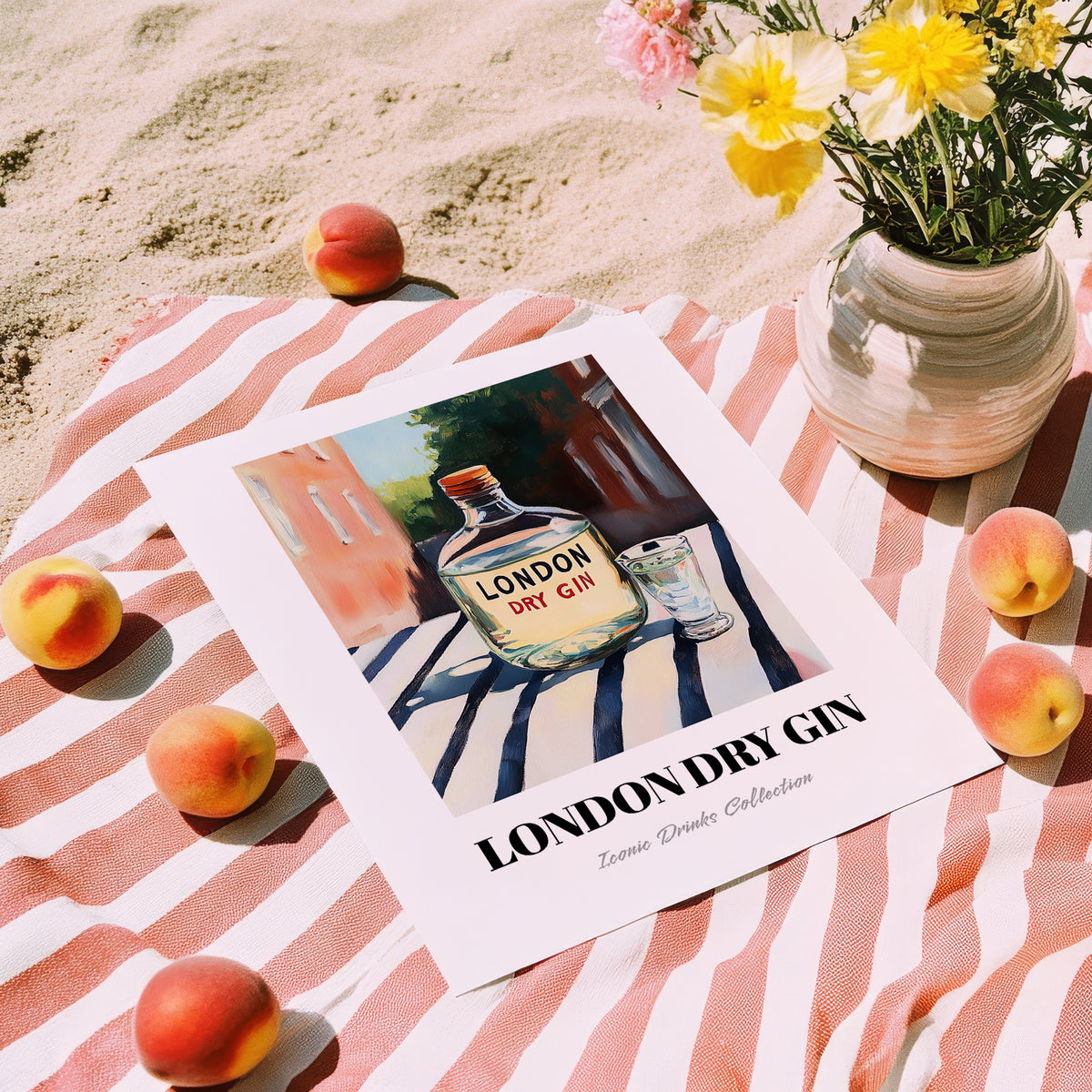 London Dry Gin – English Outdoor Café Scene, English Spirit Wall Poster, unframed on coastal sand
