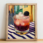 Bramble – English Street Café Scene, English Cocktail Painting, no-text version framed in wood