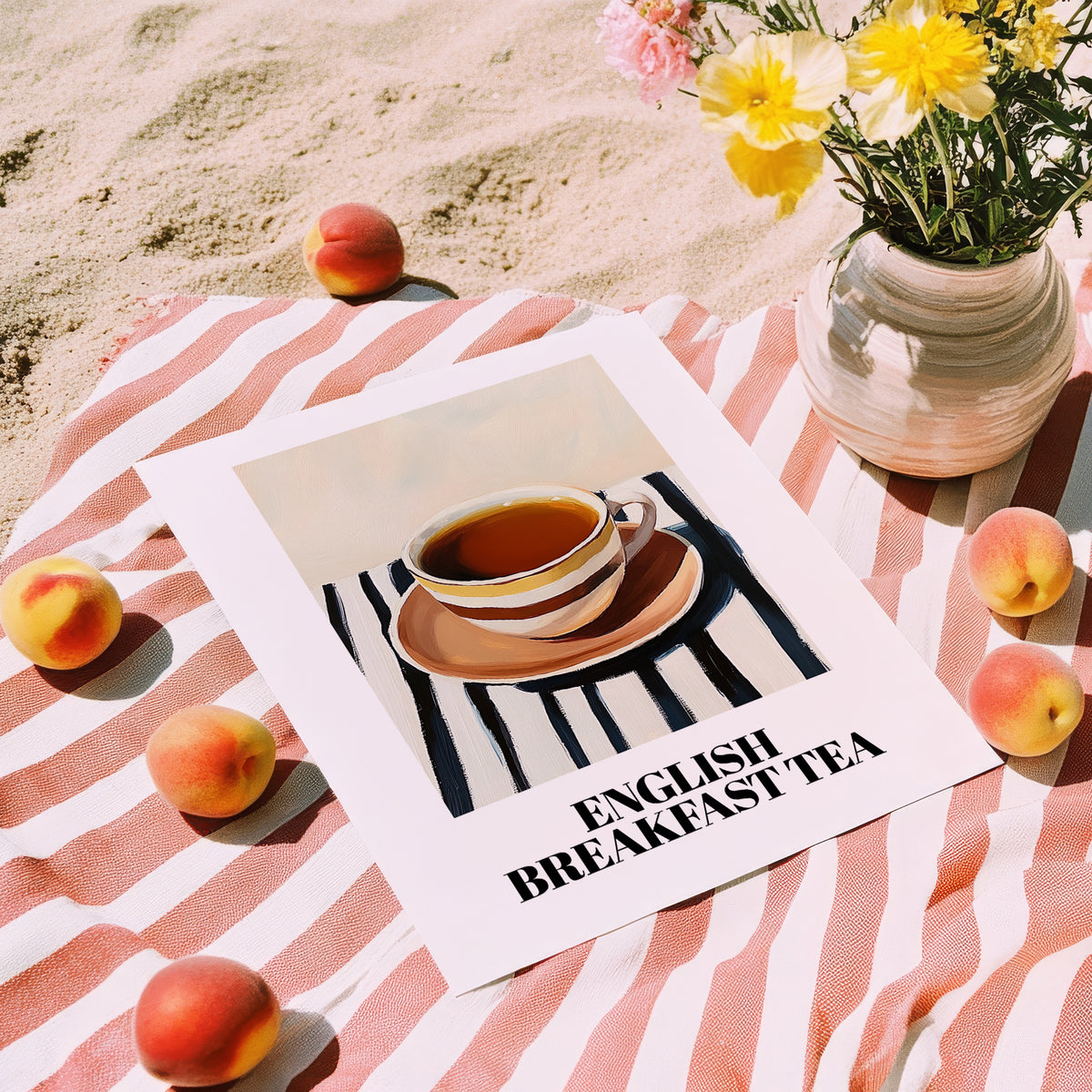 English Breakfast Tea – on Striped Tablecloth, English Tea Still Life, unframed on coastal sand
