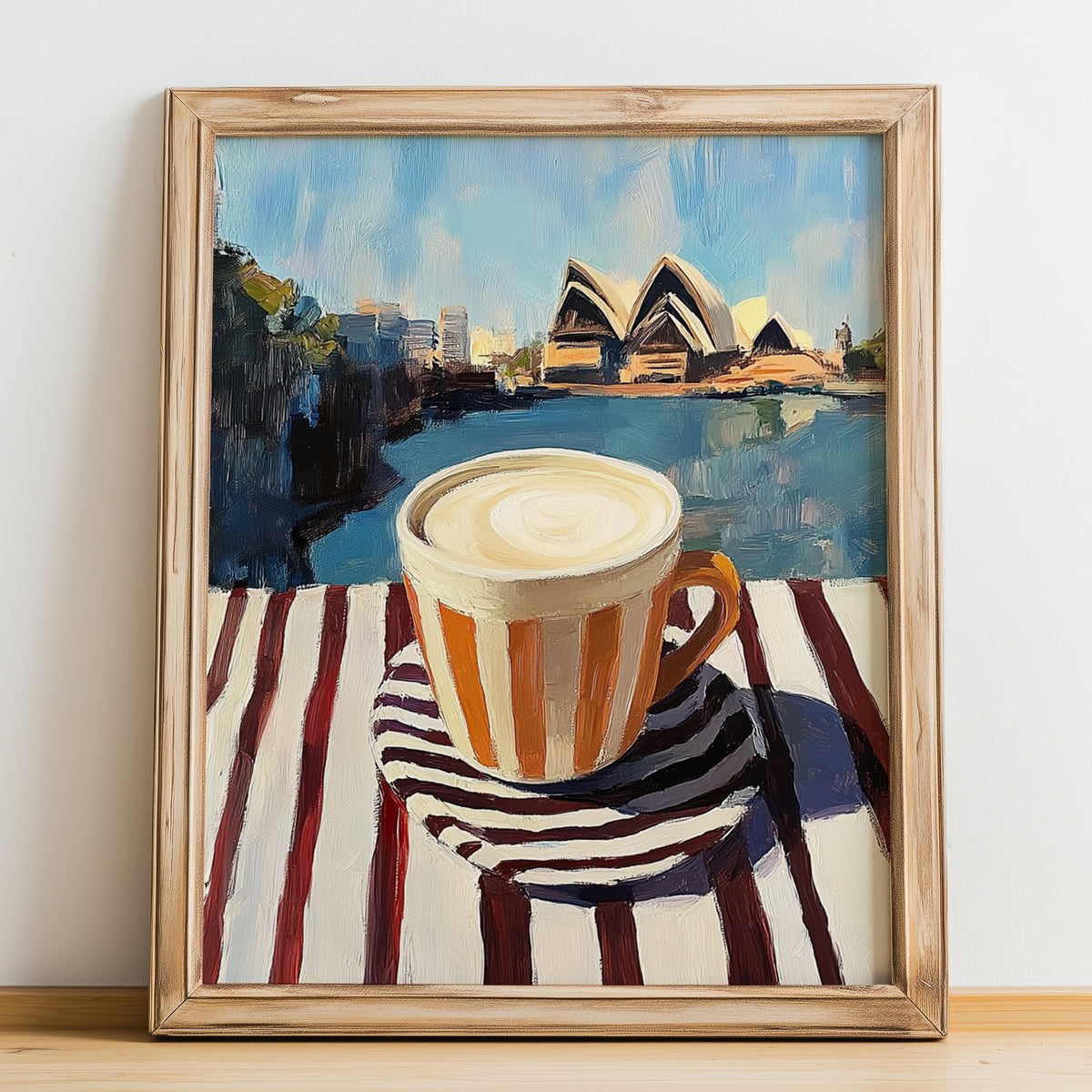 Flat White – Australian Outdoor Café Scene, Australian Beverage Still Life, no-text version framed in wood