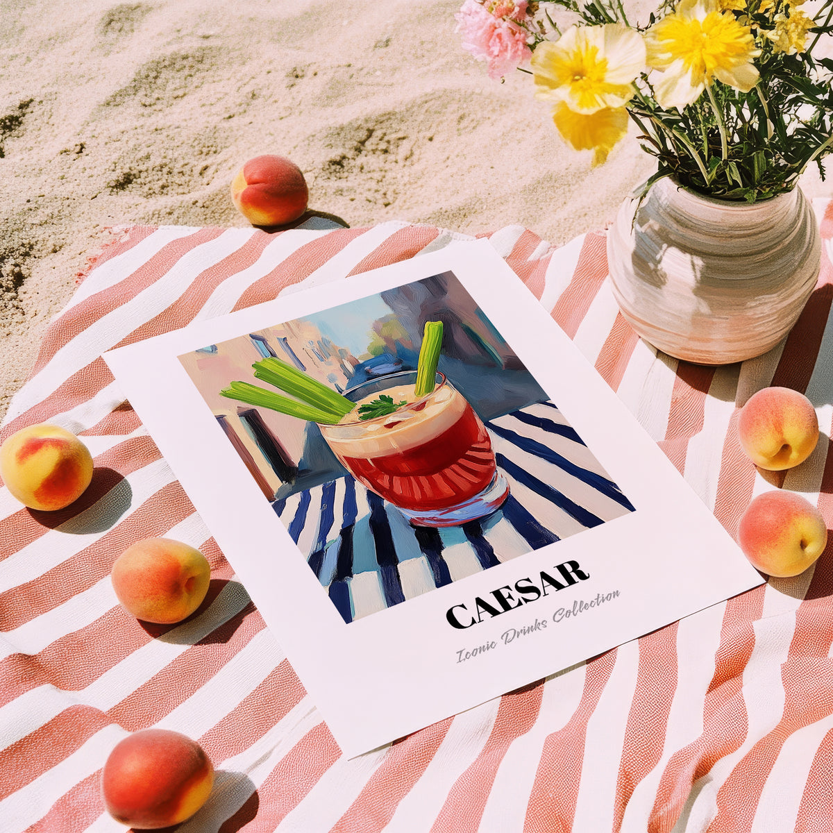 Caesar – Canadian Outdoor Café Scene, Canadian Cocktail Print, unframed on coastal sand