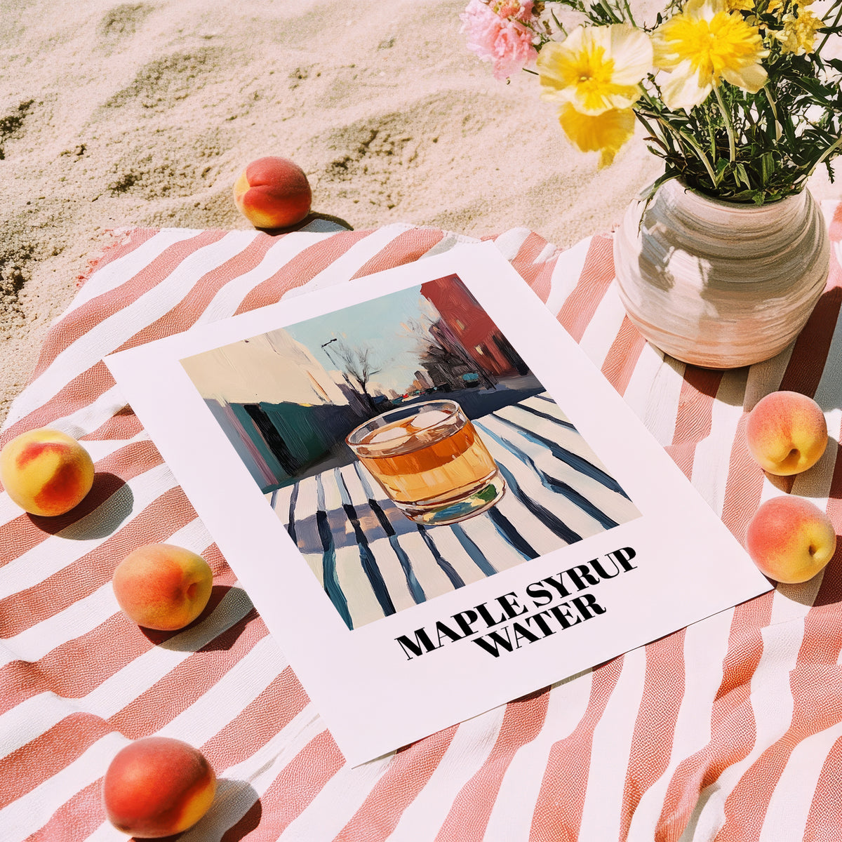Maple Syrup Water – Canadian Urban Café Scene, Canadian Cocktail Illustration, unframed on coastal sand