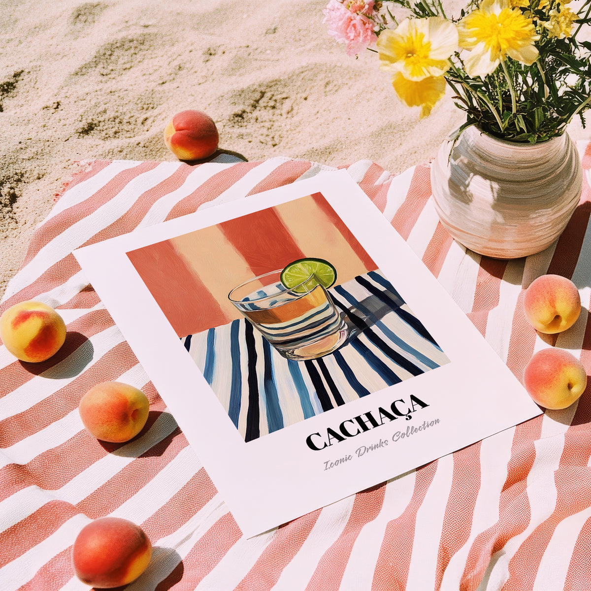 Cachaça – on Striped Tablecloth, Brazilian Beverage Wall Decor, unframed on coastal sand