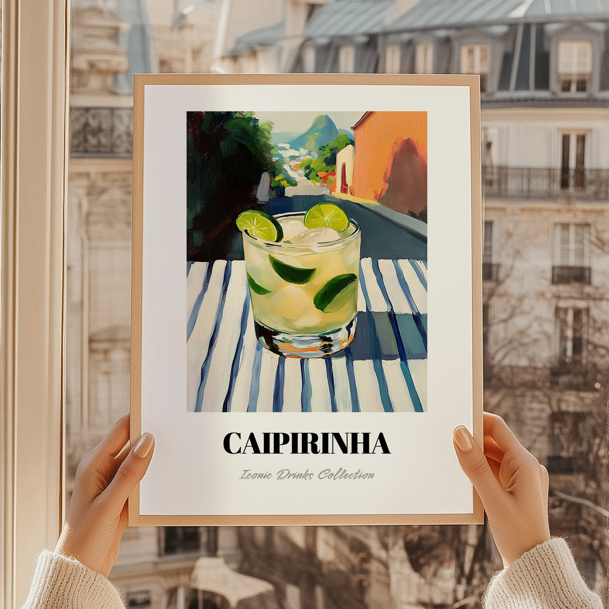 Caipirinha – Brazilian Outdoor Café Scene, Brazilian Cocktail Wall Art, styled in a charming Paris street view