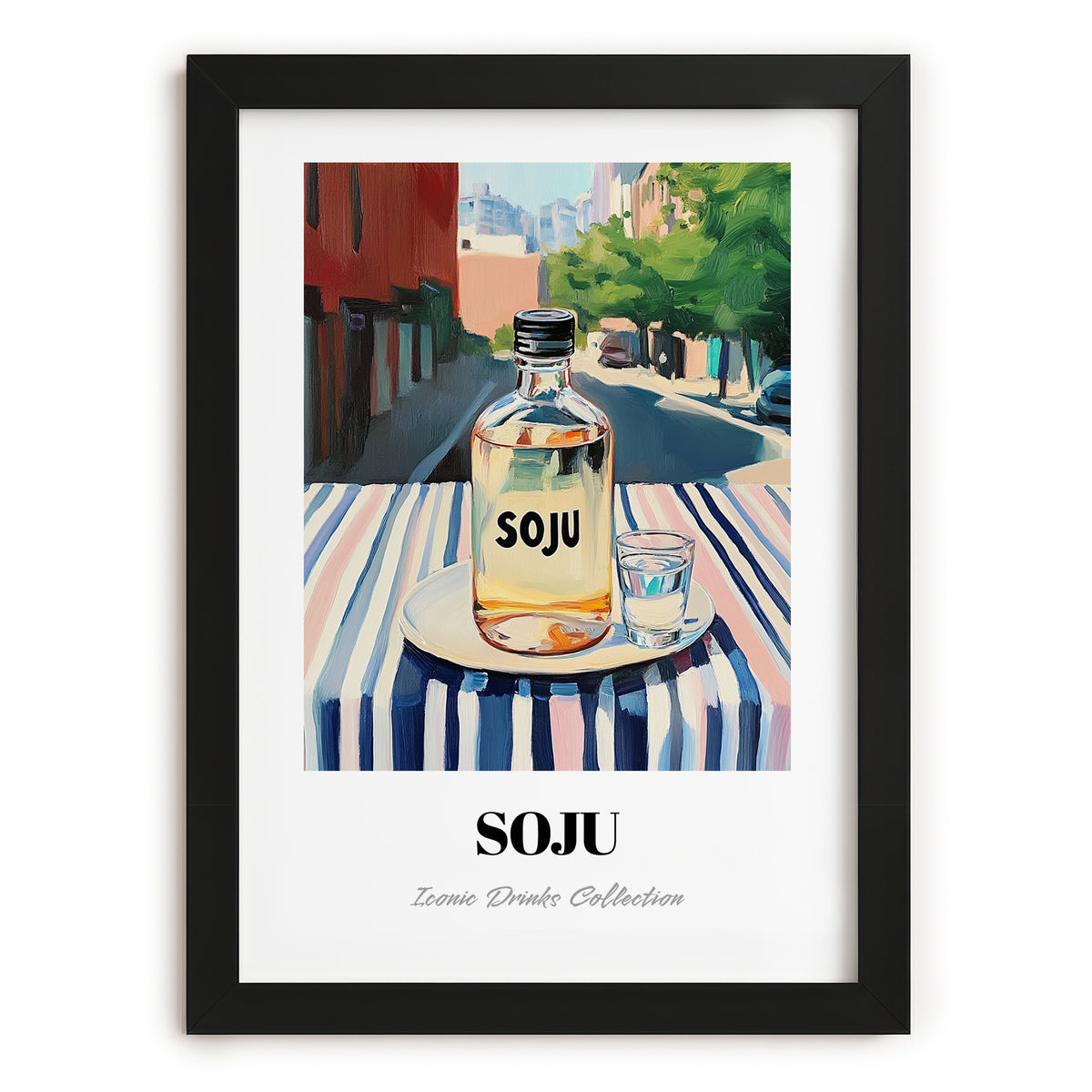 Soju – Korean Urban Café Scene, Korean Beverage Illustration, in sleek black frame