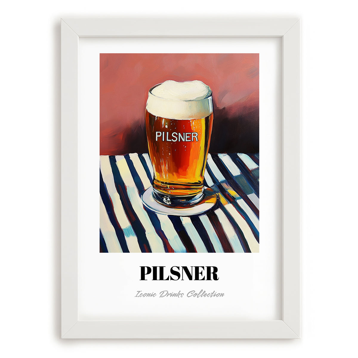 Pilsner – on Striped Tablecloth, Czech Beer Print, placed in minimal white frame
