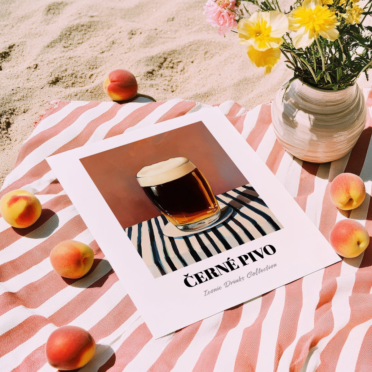 Černé Pivo – on Striped Tablecloth, Czech Beer Wall Art, unframed on coastal sand