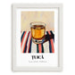 Țuică – on Striped Tablecloth, Romanian Beverage Poster, placed in minimal white frame