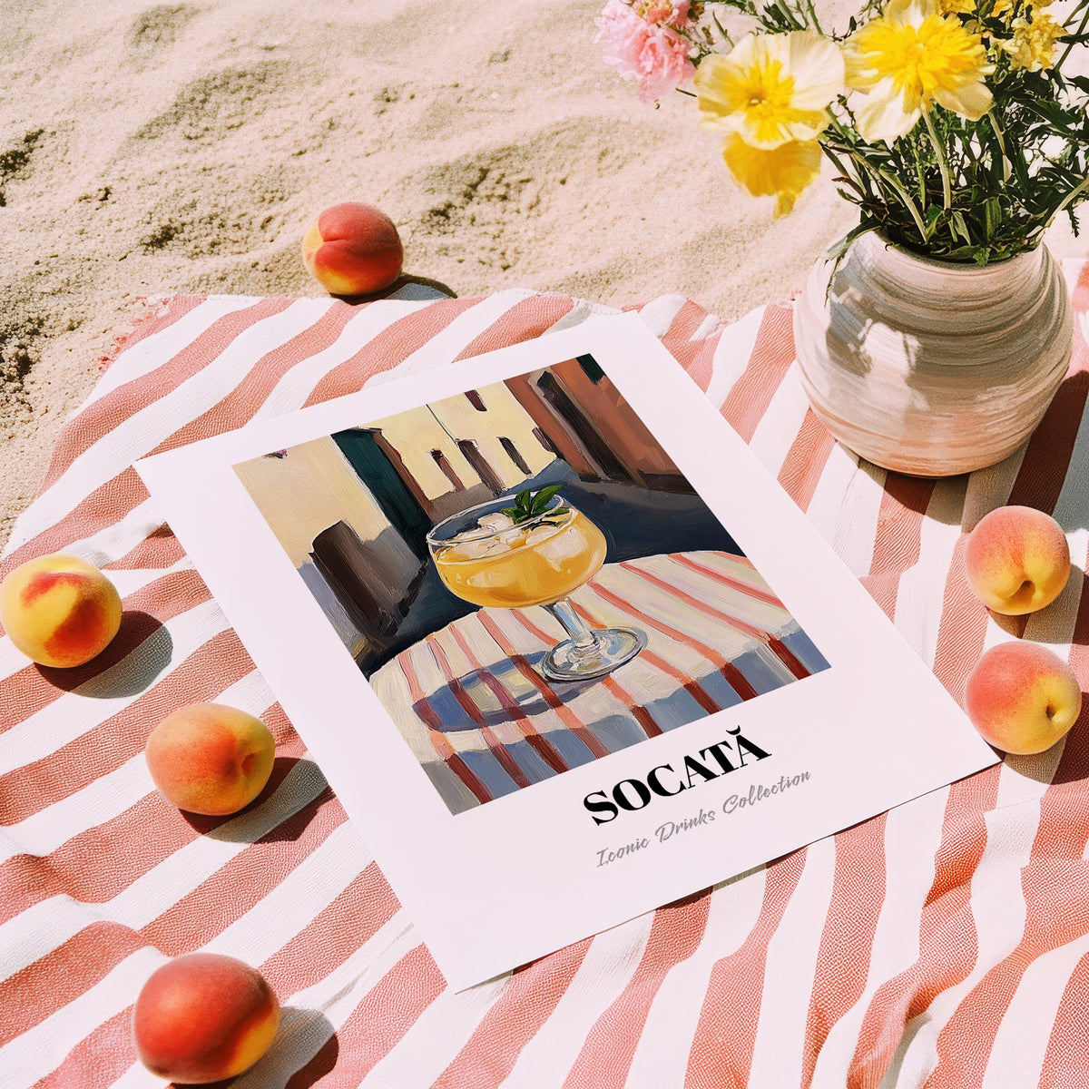 Socată – Romanian Street Café Scene, Romanian Beverage Print, unframed on coastal sand
