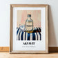 Akvavit – on Striped Tablecloth, Danish Spirit Wall Print, in wooden frame leaning on the floor